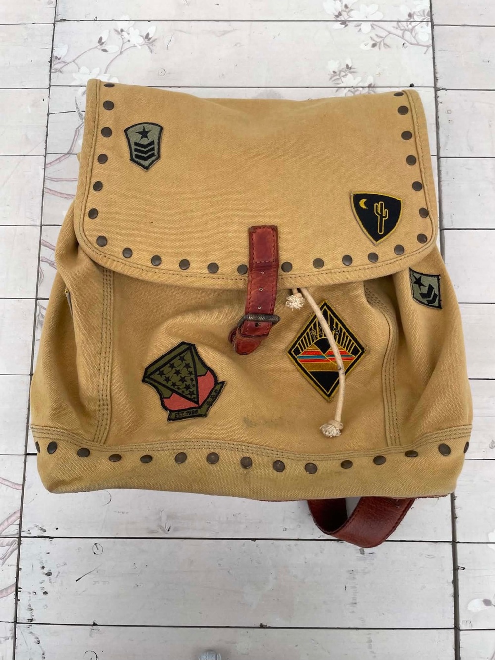 Free People Tan Canvas Backpack with Patch Accents